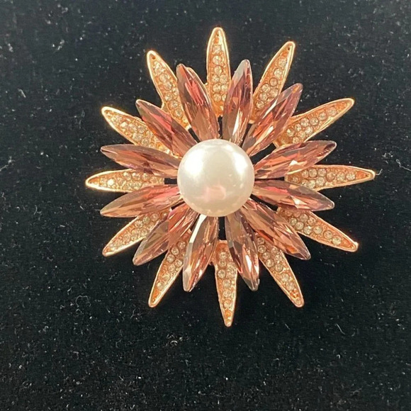 Starburst  Sparkly Floral Snowflake Brooch with Faux Pearl and Burgundy Navettes - Picture 8 of 10